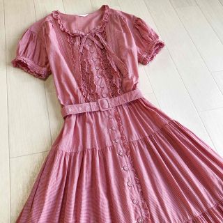 ピンクハウス(PINK HOUSE)のピンクハウス 綿ローン 赤×白 チェック ピンタック ピコフリル ワンピース(ロングワンピース/マキシワンピース)