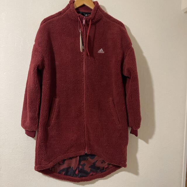 新品OT(XL)adidas ボア フリースジャケット ロングコート ワイン