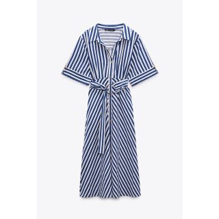 ザラ(ZARA)のZARA🍋美品【完売品】ストライプ柄　リネンブレンドワンピース　シャツワンピース(ひざ丈ワンピース)