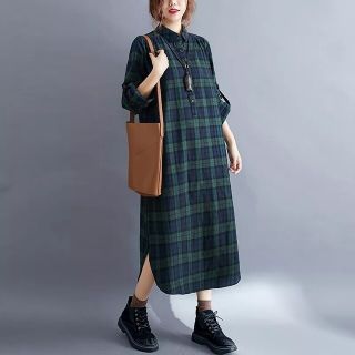 ゆったり レディース ロングワンピース ２XL(３L)　緑チェック　長袖(ロングワンピース/マキシワンピース)