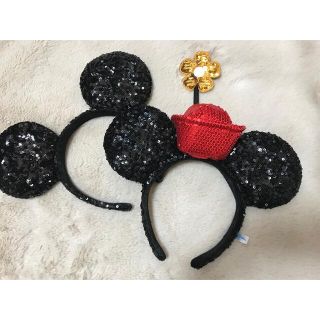 ディズニー(Disney)のディズニー　ミッキー  ミニー　スパンコール 花　ブラック　レトロ　黒(カチューシャ)