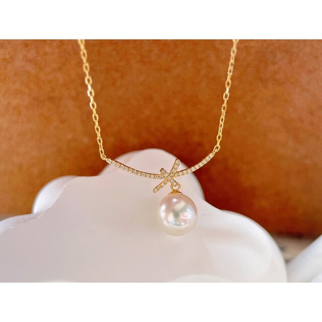 イエローダイヤモンド【高級】あこや真珠　リボンモチーフネックレスk18