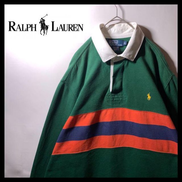 POLO RALPH LAUREN(ポロラルフローレン)の90s 古着 ポロ ラルフローレン ラガーシャツ 太ボーダー 緑 オレンジ XL メンズのトップス(ポロシャツ)の商品写真