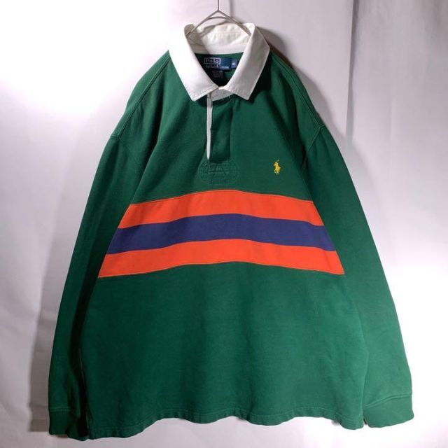 POLO RALPH LAUREN(ポロラルフローレン)の90s 古着 ポロ ラルフローレン ラガーシャツ 太ボーダー 緑 オレンジ XL メンズのトップス(ポロシャツ)の商品写真