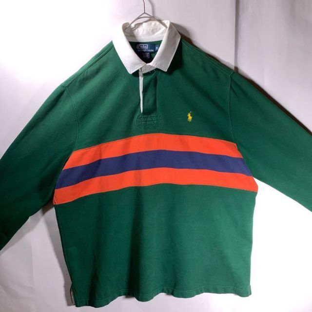 POLO RALPH LAUREN(ポロラルフローレン)の90s 古着 ポロ ラルフローレン ラガーシャツ 太ボーダー 緑 オレンジ XL メンズのトップス(ポロシャツ)の商品写真