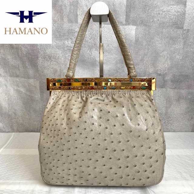 濱野皮革工藝/HAMANO(ハマノヒカクコウゲイ)の【極美品】HAMANO サンピエトロ オーストリッチ 貴石 グレー ハンドバッグ レディースのバッグ(ハンドバッグ)の商品写真