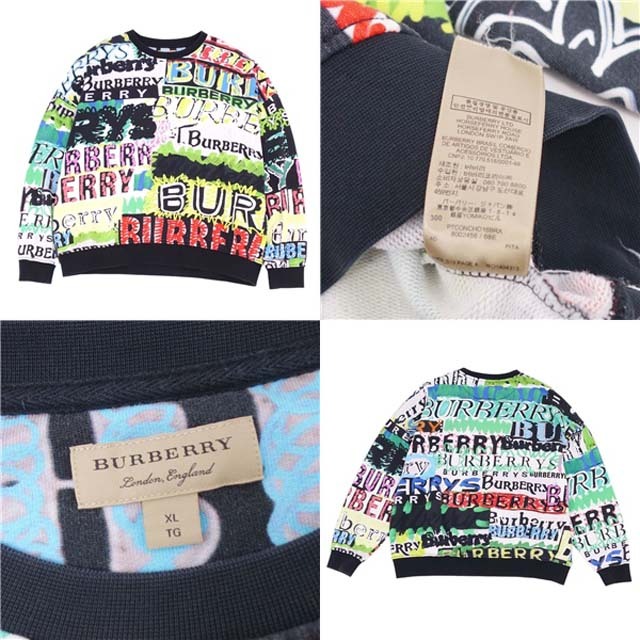 美品 バーバリー BURBERRY スウェット 18AW クルーネック トレーナー ロゴ 総柄 コットン メンズ 長袖 トップス XL マルチカラー