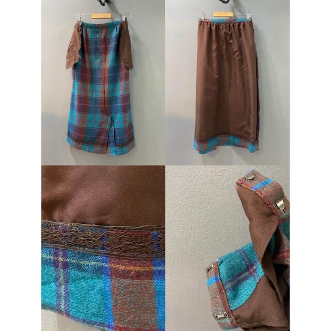 古着 ビンテージ 70s ハンドメイド 青 緑 チェック ロング スカート 美品-