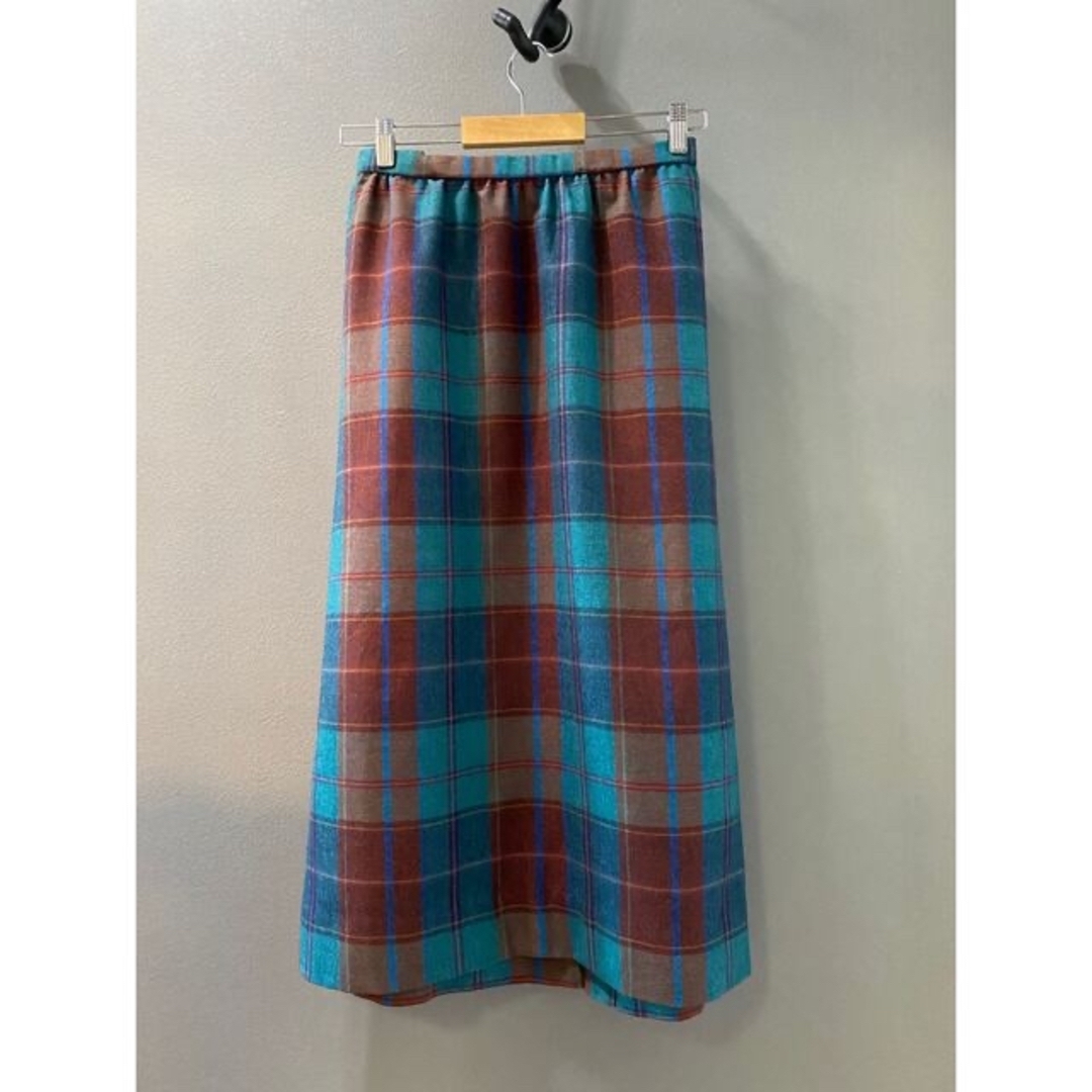古着 ビンテージ 70s ハンドメイド 青 緑 チェック ロング スカート 美品-