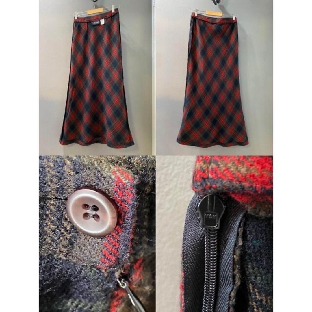 ビンテージ 70s ハンドメイド 赤 紺 チェック ロング スカート 美品