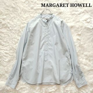 マーガレットハウエル(MARGARET HOWELL)の美品⭐︎マーガレットハウエル ノーカラーブラウス 水色 ストライプ サイズ2(シャツ/ブラウス(長袖/七分))