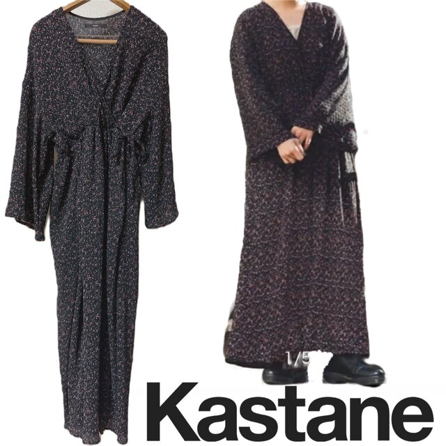 Kastane(カスタネ)のKastane カスタネ　カシュクール　花柄　ワンピース　長袖　プリーツ　黒  レディースのワンピース(ロングワンピース/マキシワンピース)の商品写真