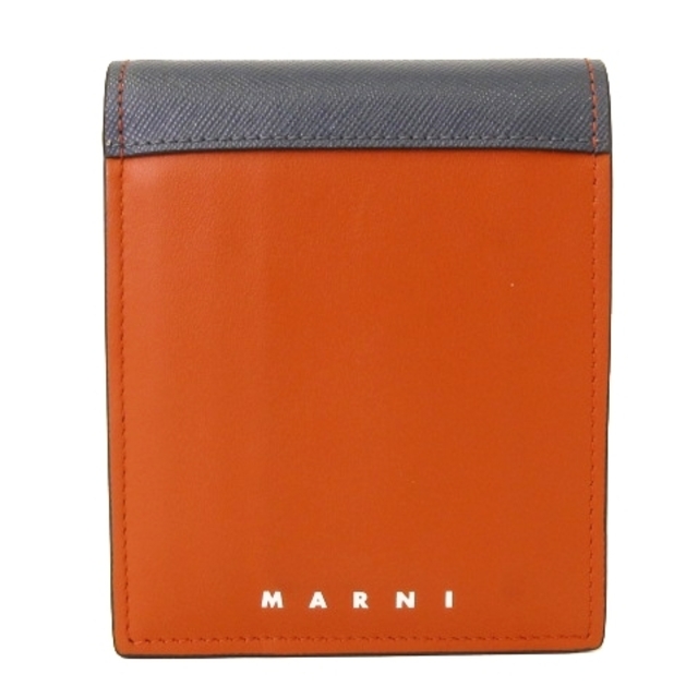 マルニ 22SS バイカラー レザー スモール 二つ折り財布 オレンジ ネイビー115cmマチ