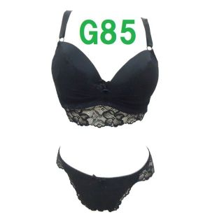 G85/LL・ブラック　ストレッチレース ブラジャー＆ショーツ　グラマーカップ(ブラ&ショーツセット)