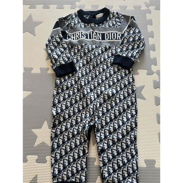 新品babyDiorシルク100%ストライプ柄リボン付きロンパース80cmグレー