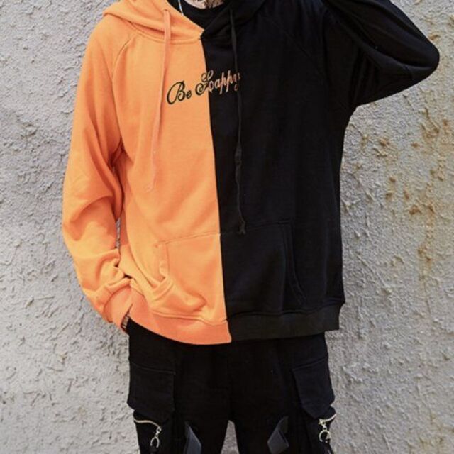 バイカラー ニコちゃん オレンジ 黒 パーカー 長袖 韓国 メンズ 秋冬 メンズのトップス(パーカー)の商品写真