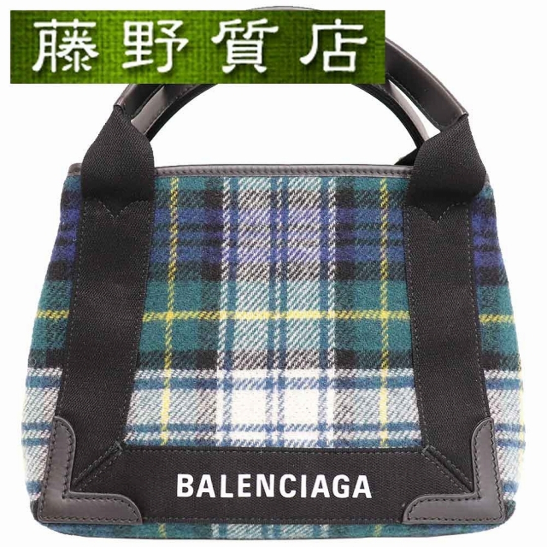 Balenciaga - バレンシアガ BALENCIAGA ネイビーカバス XS トートバッグ 斜め掛け ウール × レザー グリーン系 チェック 390346 8384