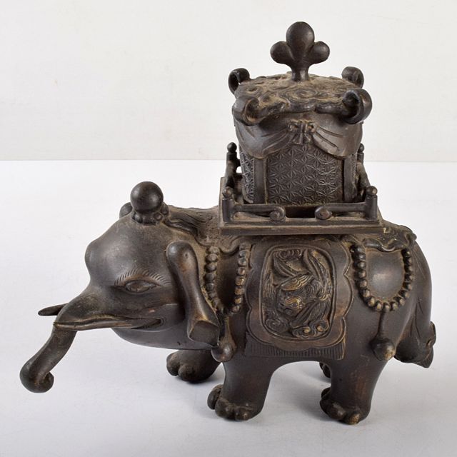 中国　古銅鍍金　象香炉　G　R5119