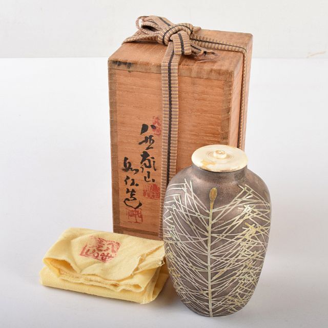 茶道具　八世乾山　山本如仙造　色絵乾山　茶入　銘「若松」共箱　M　R5129
