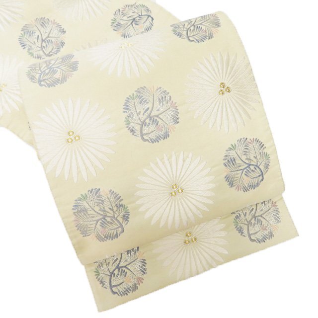 松葉と菊の図 オフホワイト 多色 金銀 袋帯 A786-15