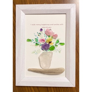 シーグラス　花瓶　アートパネル　花　シーグラスアート　フレームアート　植物(置物)