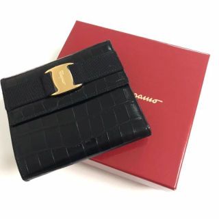 【美品】Ferragamo フェラガモ 折り財布 ヴァラ クロコ ブラック