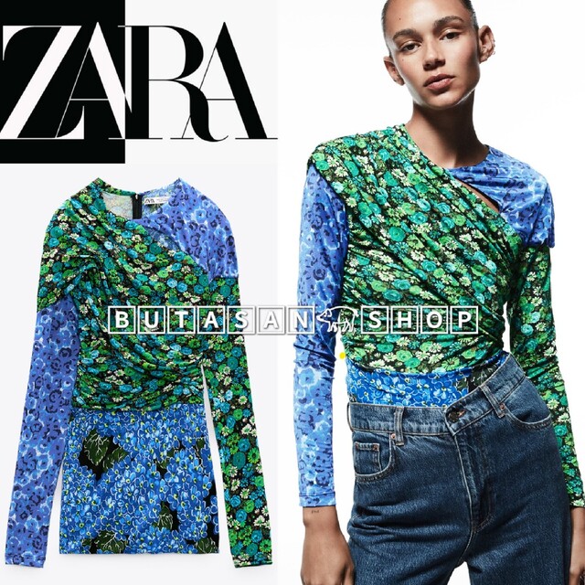 新品 ♡ ZARA ザラ ドレープ 胸元 カット 花柄 フラワー 緑 青