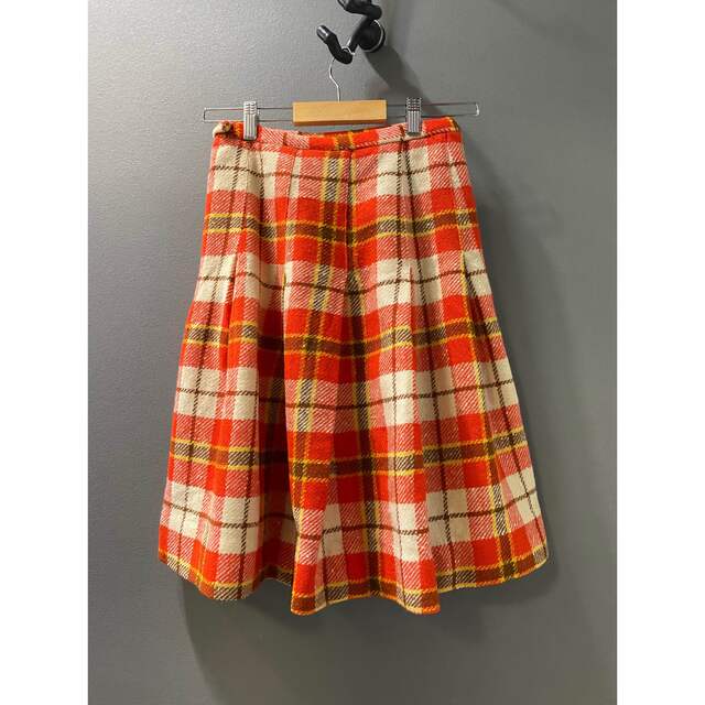 古着 ビンテージ 60s USA オレンジ チェック柄 ウール スカート 希少 レディースのスカート(ひざ丈スカート)の商品写真