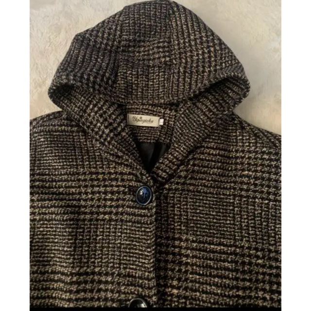 新品　グレンチェック フードコート　L レディースのジャケット/アウター(ロングコート)の商品写真