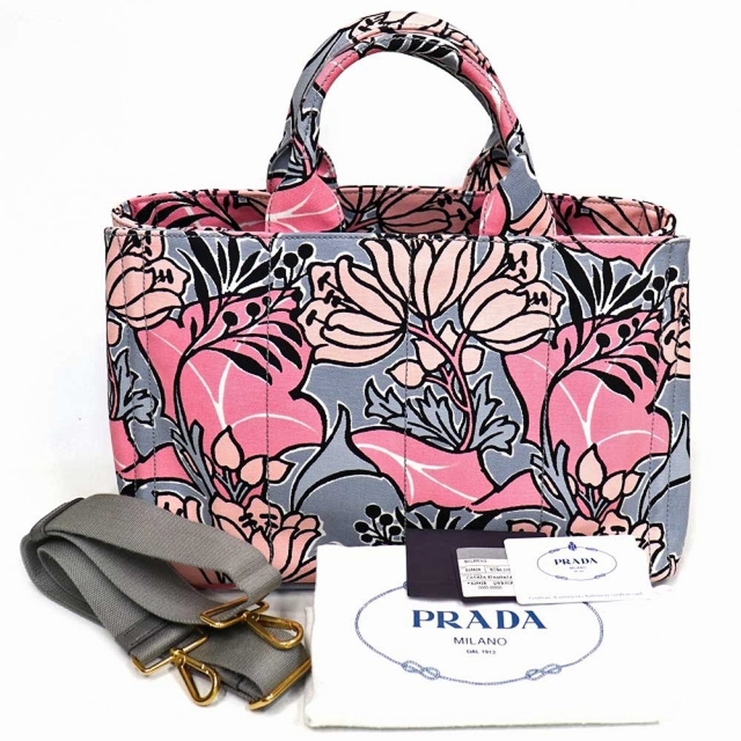 （未使用品） プラダ PRADA 2way カナパ トート バッグ GM ショルダー キャンバス 花 フラワー ピンク系 ストラップ カード  B2642B 8087