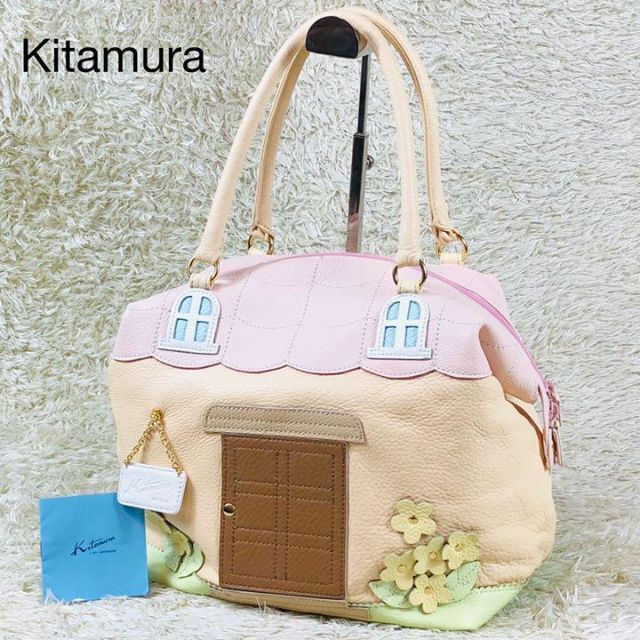 極美品✨ キタムラ 家 城 モチーフ トートバッグ 花柄 レザー パステルカラー