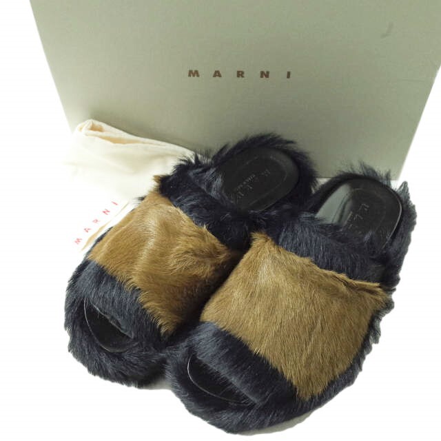 MARNI マルニ 18AW イタリア製 FUR WEDGE SANDAL ウエッジソールファーサンダル 37(24cm) DK.NAVY/KHAKI シューズ【新古品】【MARNI】