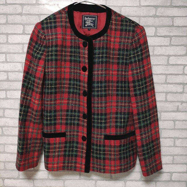 BURBERRY チェック ノーカラージャケット 赤 レディース バーバリー BURBERRY チェック ノーカラージャケット 赤 レディース バーバリー