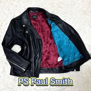 ポールスミス(Paul Smith)のPSポールスミス　ラムレザー　ダブルライダースジャケット エンブレム　ブラック(ライダースジャケット)