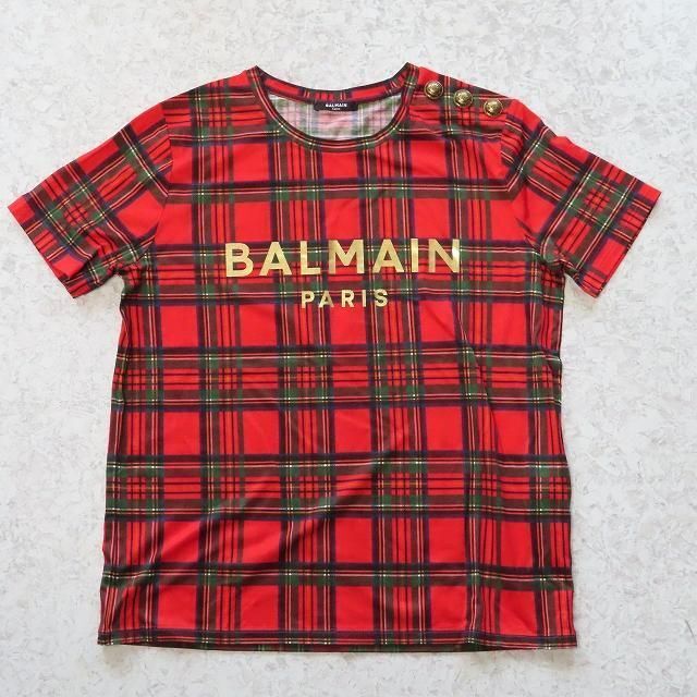 8万新品BALMAINバルマンロゴタータンチェック半袖Tシャツメンズレディース赤