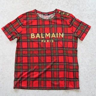 バルマン(BALMAIN)の8万新品BALMAINバルマンロゴタータンチェック半袖Tシャツメンズレディース赤(Tシャツ(半袖/袖なし))