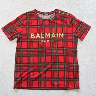 バルマン(BALMAIN)の8万新品BALMAINバルマンロゴタータンチェック半袖Tシャツメンズレディース赤(Tシャツ(半袖/袖なし))