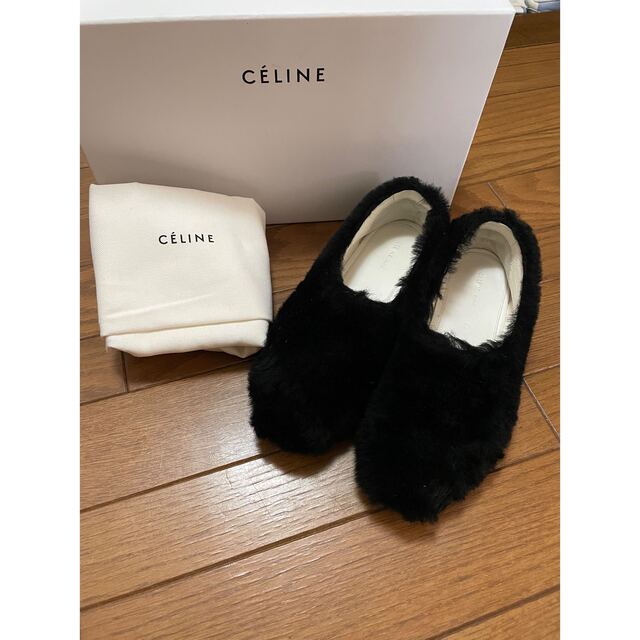 CELINE セリーヌ 2018SS 黒コージー ムートンボア フラットシューズ