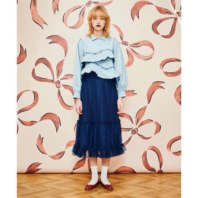 POPPY チュールギャザーボリュームスカート ネイビー Mサイズ 売れ筋が