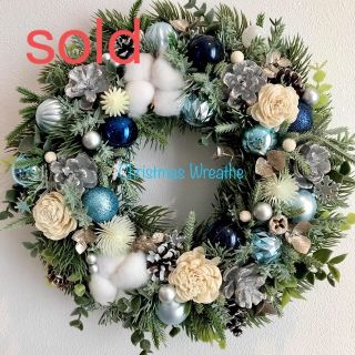 クリスマスリース　スノーブルー　ハンドメイド(リース)