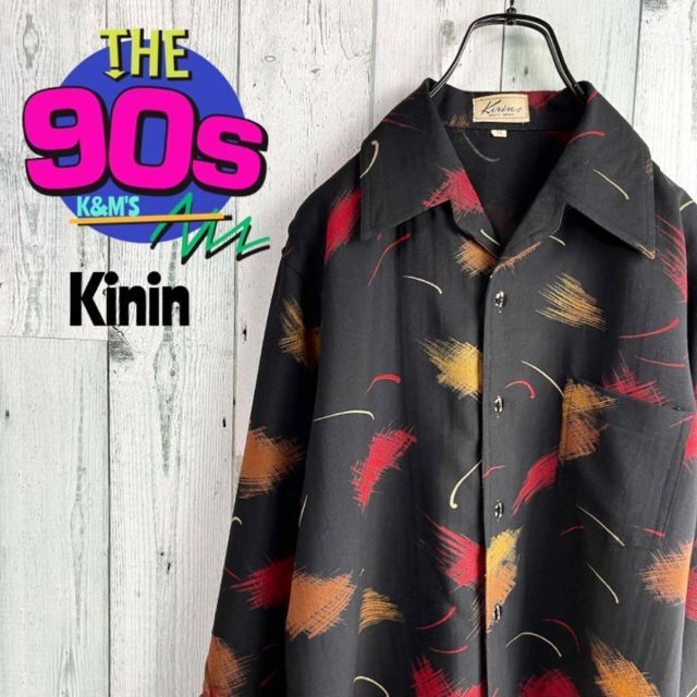 90's Kinin  昭和レトロ　和柄　オープンカラーウールシャツ