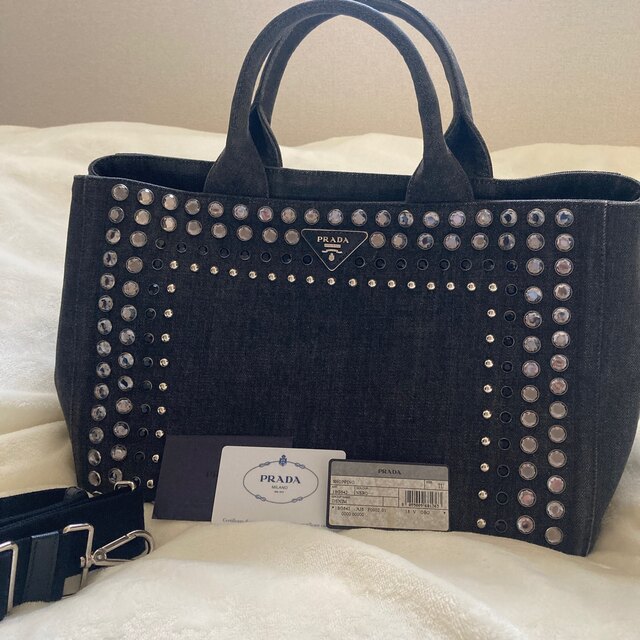 美品〕PRADA プラダ カナパ ビジュー ハンドバッグ デニム 黒