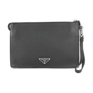 プラダ(PRADA)のPRADA プラダ   セカンドバッグ 2VF006   VITELLO レザー NERO ブラック シルバー金具  リストレット クラッチバッグ 三角ロゴプレート 【本物保証】(セカンドバッグ/クラッチバッグ)