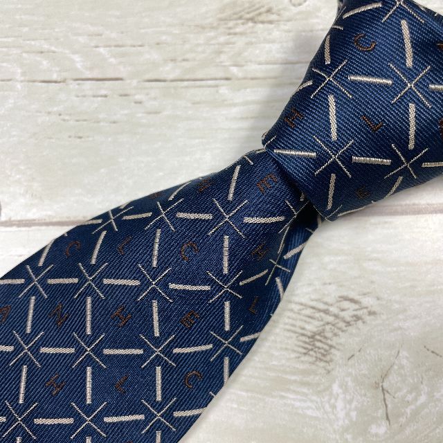 【美品】CHANEL/シャネル 総柄 高級 ネイビーブルー イタリア製 ネクタイ