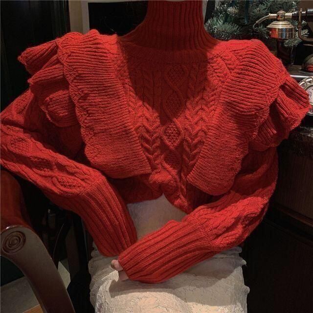 かわいい！肩フリル付きケーブル編みアラン編み タートルネックセーター♪ニット