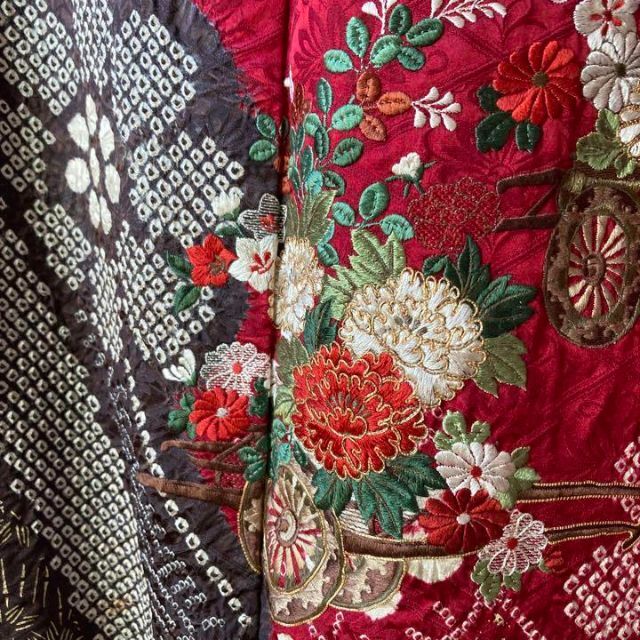 豪華 振袖 6点セット 絞り 赤 黒 成人式 アンティーク 総柄 刺繍 # tv