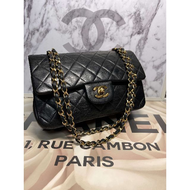 美品 CHANEL シャネル Wフラップ25 マトラッセ チェーンショルダーバッグ ターンロック ココマーク ヴィンテージ ショルダーバッグ ラムスキン ブラック