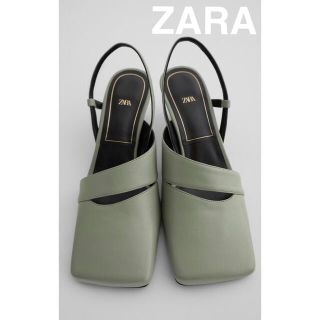 ザラ(ZARA)の37 ZARAザラ スクエアトゥバックストラップパンプス グリーン(ハイヒール/パンプス)