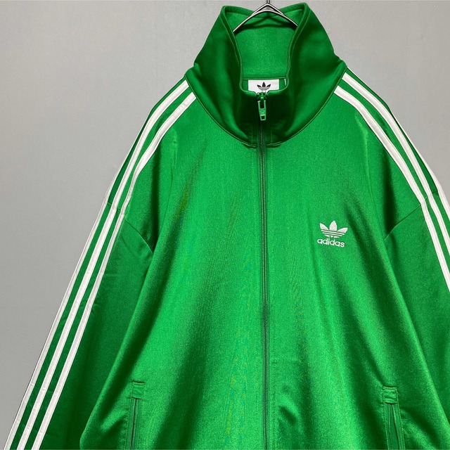 【美品】adidas トラックジャケット トレフォイル刺繍 3ライン 緑白 XL