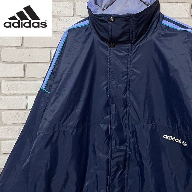 adidas(アディダス)の海外古着 adidas アディダス ナイロンジャケット ロゴプリント ネイビーL メンズのジャケット/アウター(ミリタリージャケット)の商品写真